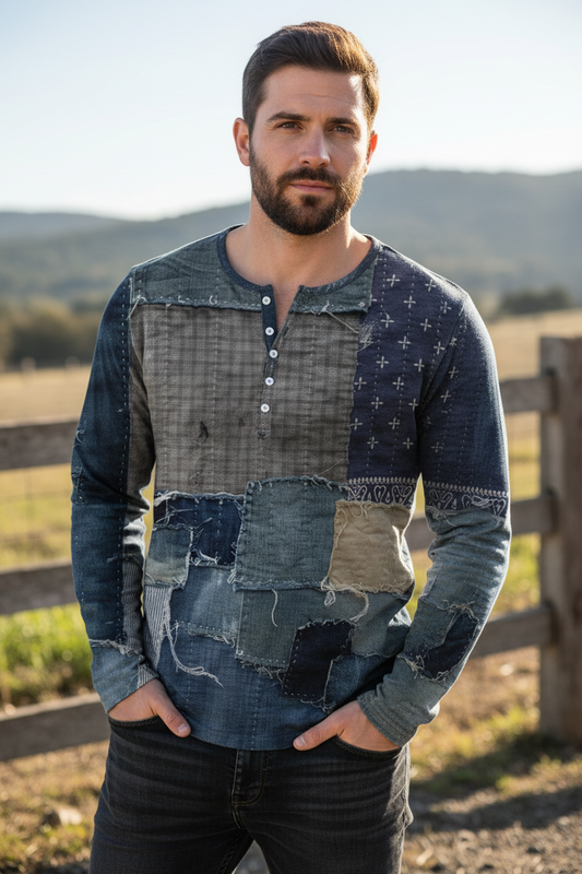 Patchwork Denim Vintage Men’s T-Shirt, Patchwork Grid Pattern Long Sleeve, 3D Print Long Sleeve T-Shirt, Oversized Men’s Button Top