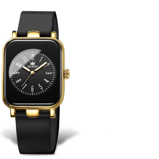 Damen Quarz-Armbanduhr, rechteckig, goldfarben, Silikonarmband
