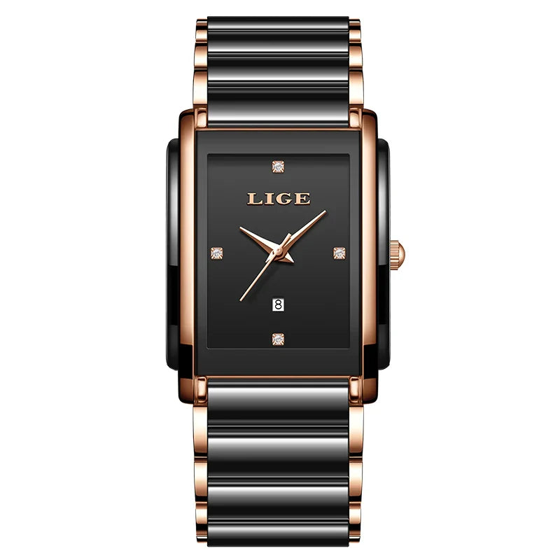 Damen Keramik-Uhr mit quadratischem Zifferblatt, roségoldfarben, Quarz