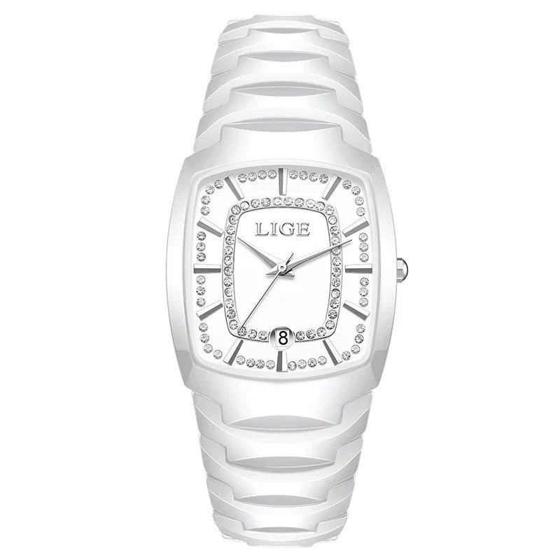 Montre-bracelet à quartz en céramique blanche et cristal pour femme, idée cadeau