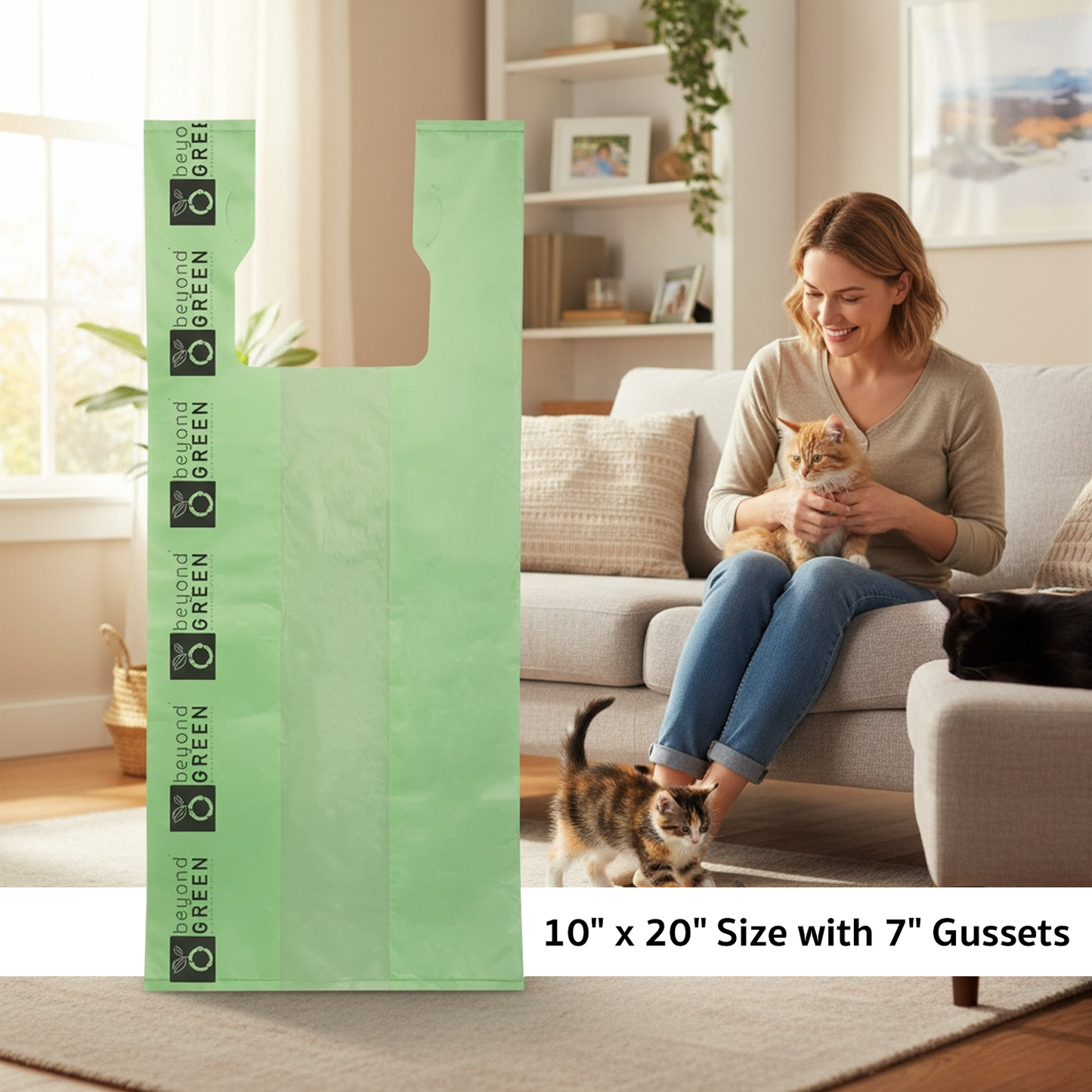 Grands sacs litière pour chat verts – 25,4 x 50,8 cm avec soufflet de 17,8 cm et poignées – Fabriqués aux États-Unis