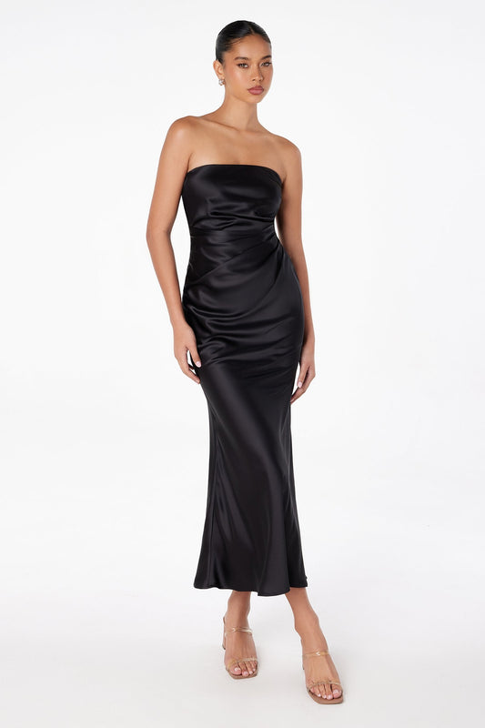 Astee T2006 Tea Length Satin Dress Cut Out Cowl-Like Back