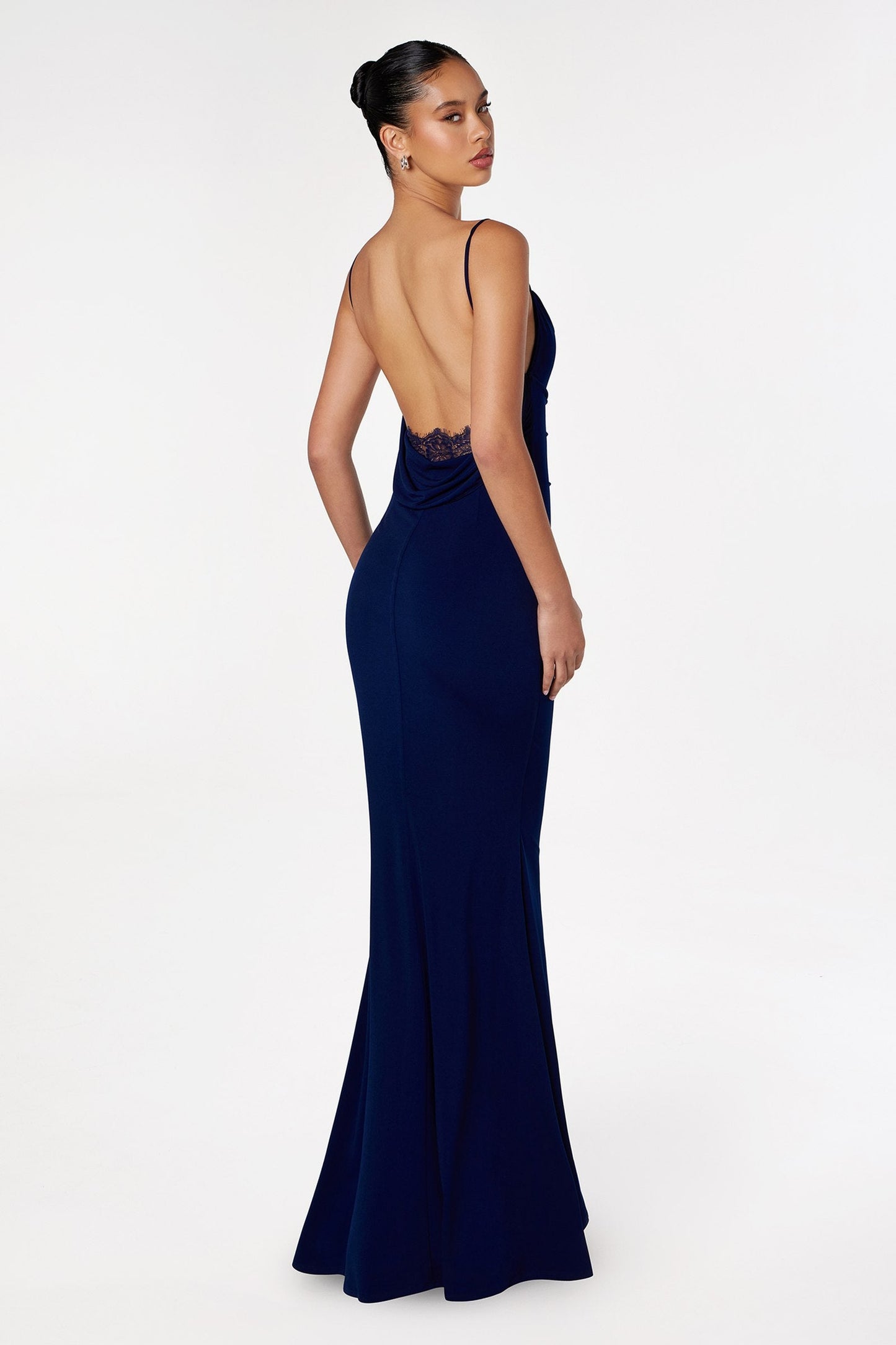 Astee T2008 Fitted Spaghetti Strap Open Back with Lace Detail Gown