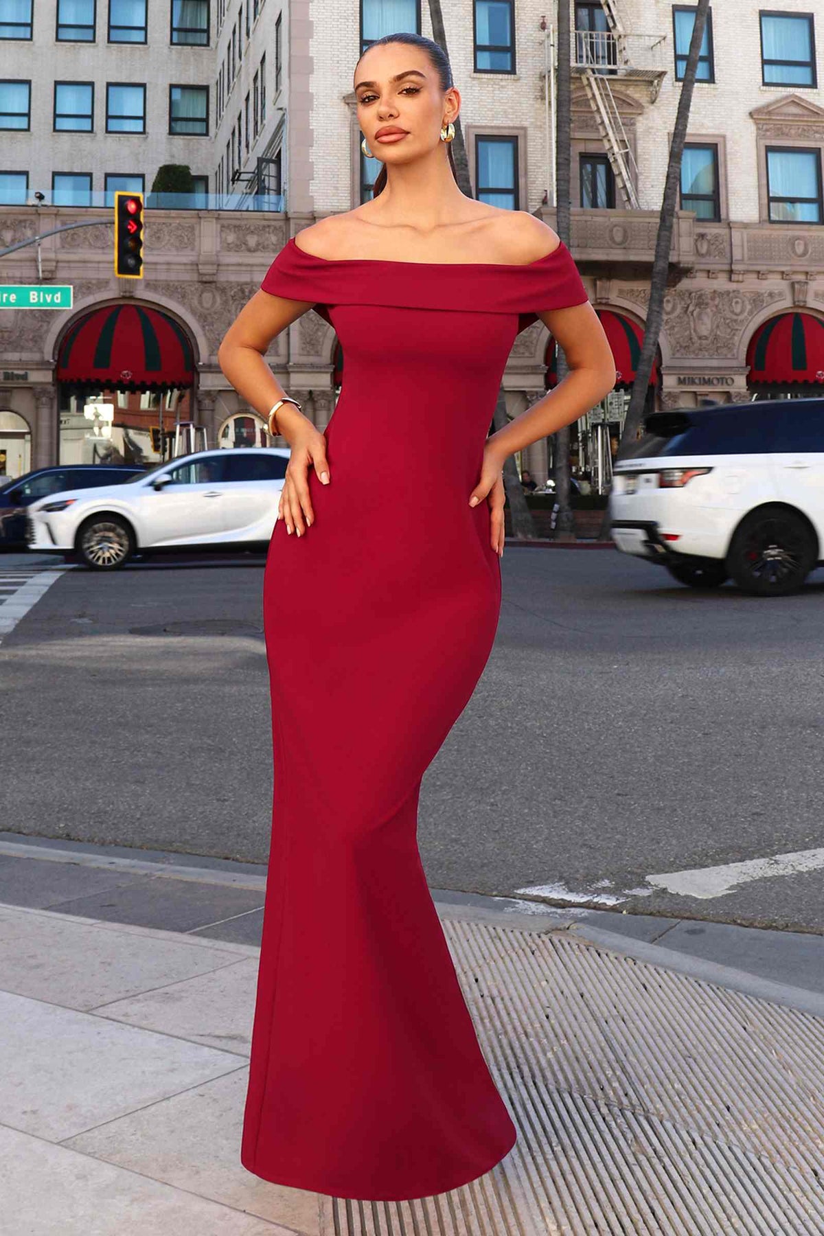 Astee T2011 Off the Shoulder Fitted Evening Gown Back Slit