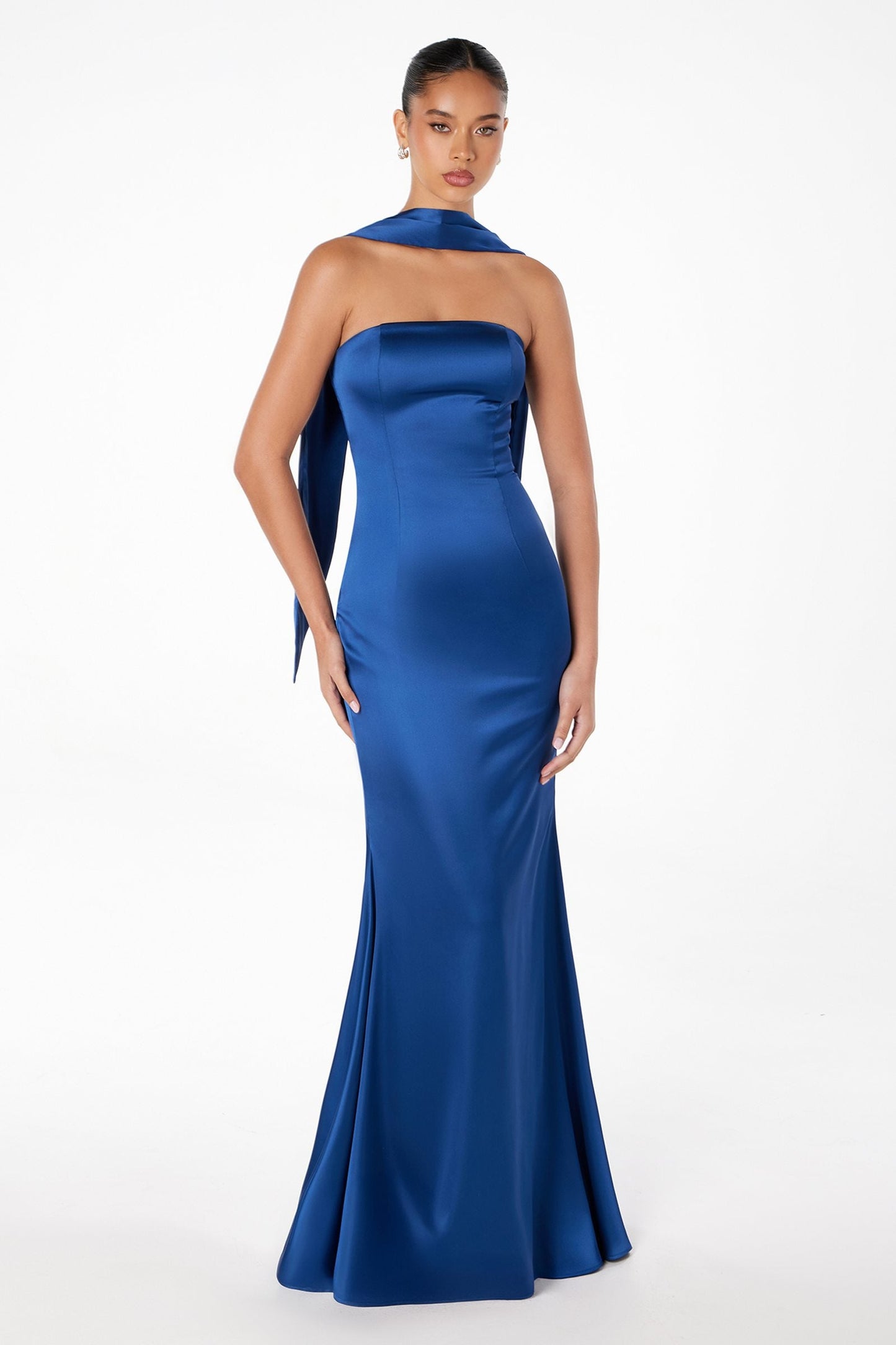 Astee T2012 Strapless Fitted Mermaid Gown with Scarf