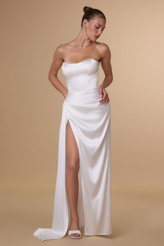 Amoris T215W Fitted Strapless Luxurious Satin Side Sash Wedding Dress