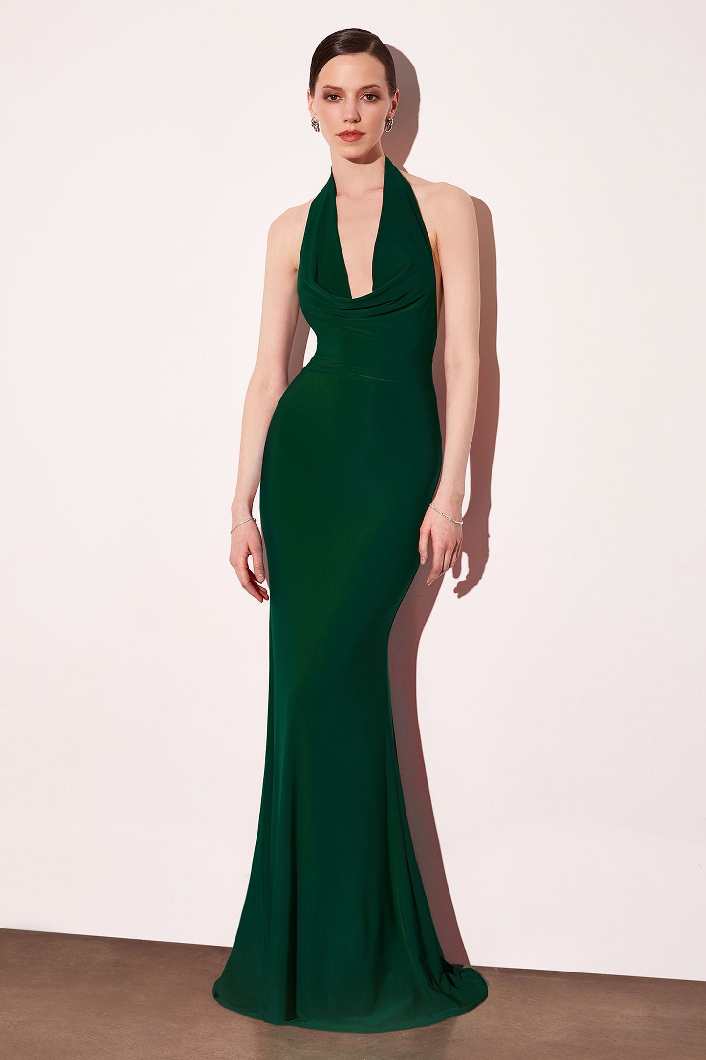 Astee T501 Long Halter V-Neckline Fitted Open Back Evening Gown