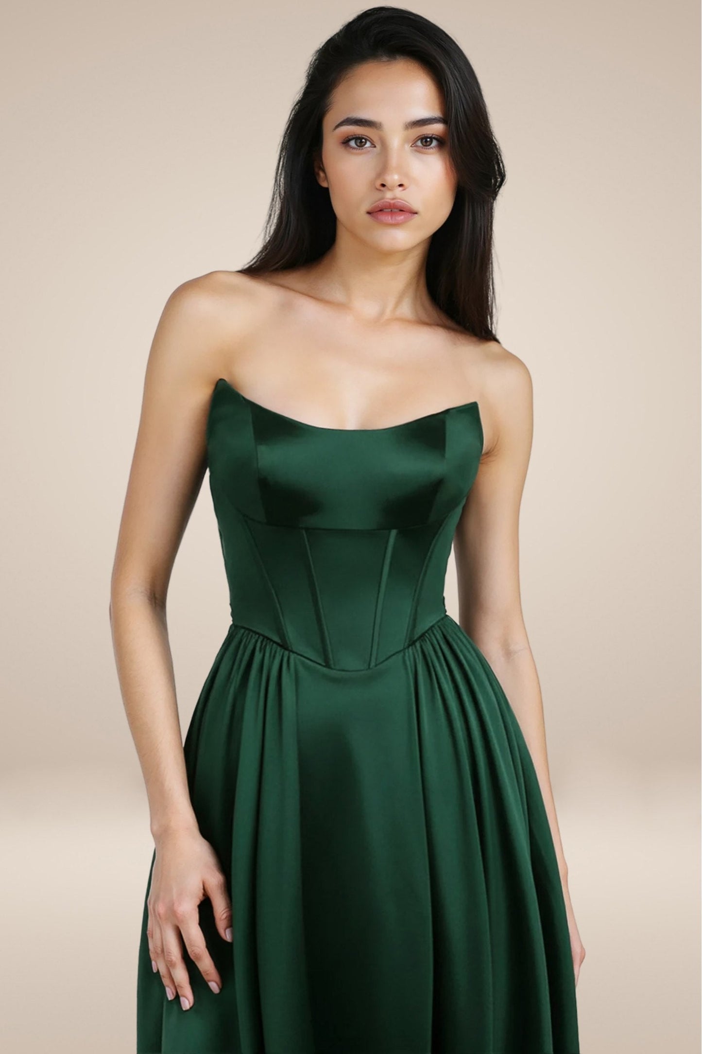 Amoris T612 Long A-Line Strapless Satin Semi-Formal Gown