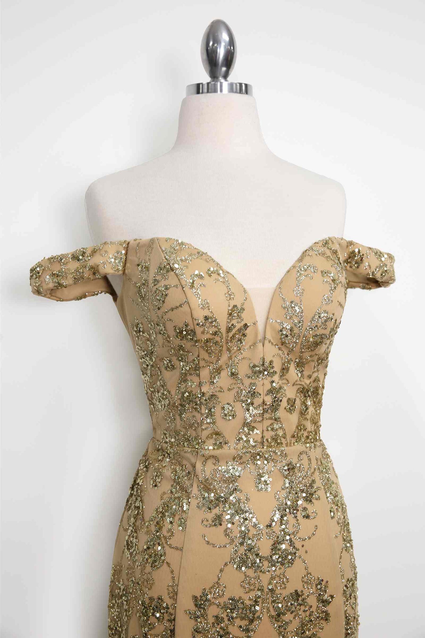 Amoris T613 Fitted Off the Shoulder Sequin Lace Sweep Train Gown