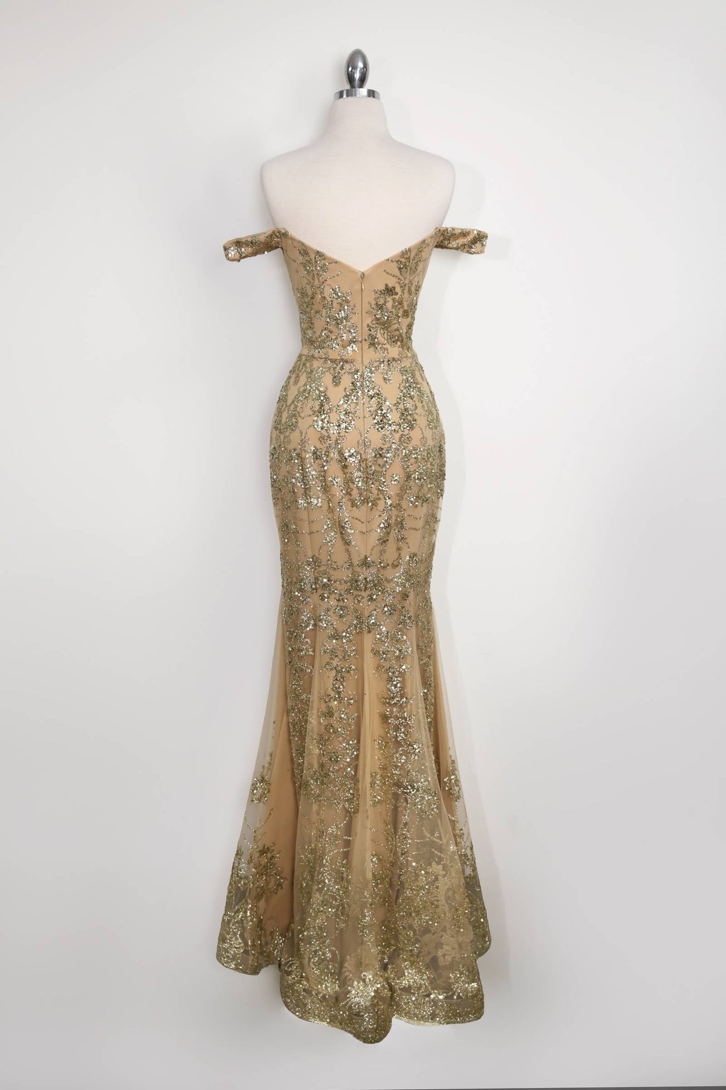 Amoris T613 Fitted Off the Shoulder Sequin Lace Sweep Train Gown
