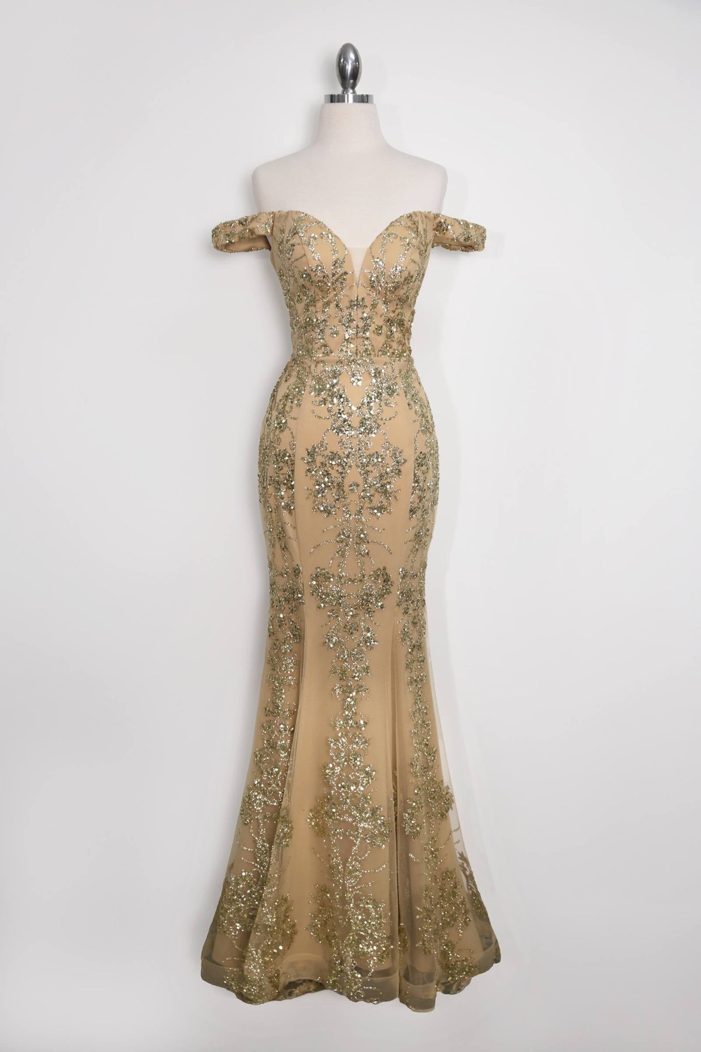 Amoris T613 Fitted Off the Shoulder Sequin Lace Sweep Train Gown
