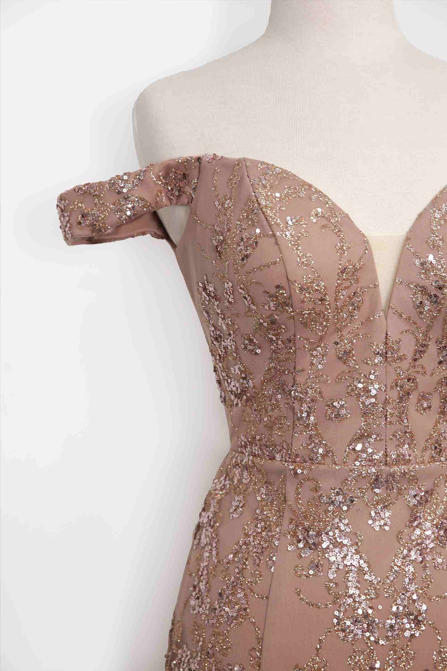 Amoris T613 Fitted Off the Shoulder Sequin Lace Sweep Train Gown