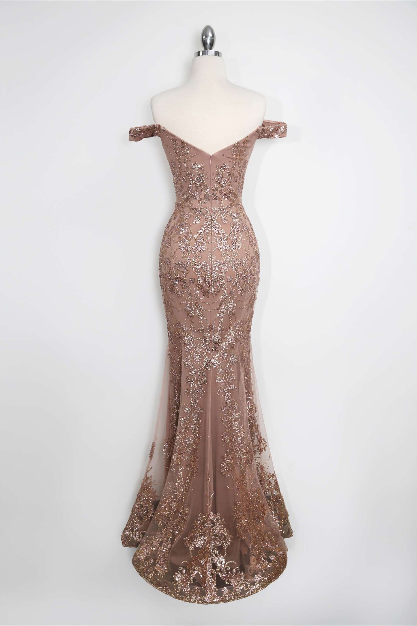 Amoris T613 Fitted Off the Shoulder Sequin Lace Sweep Train Gown