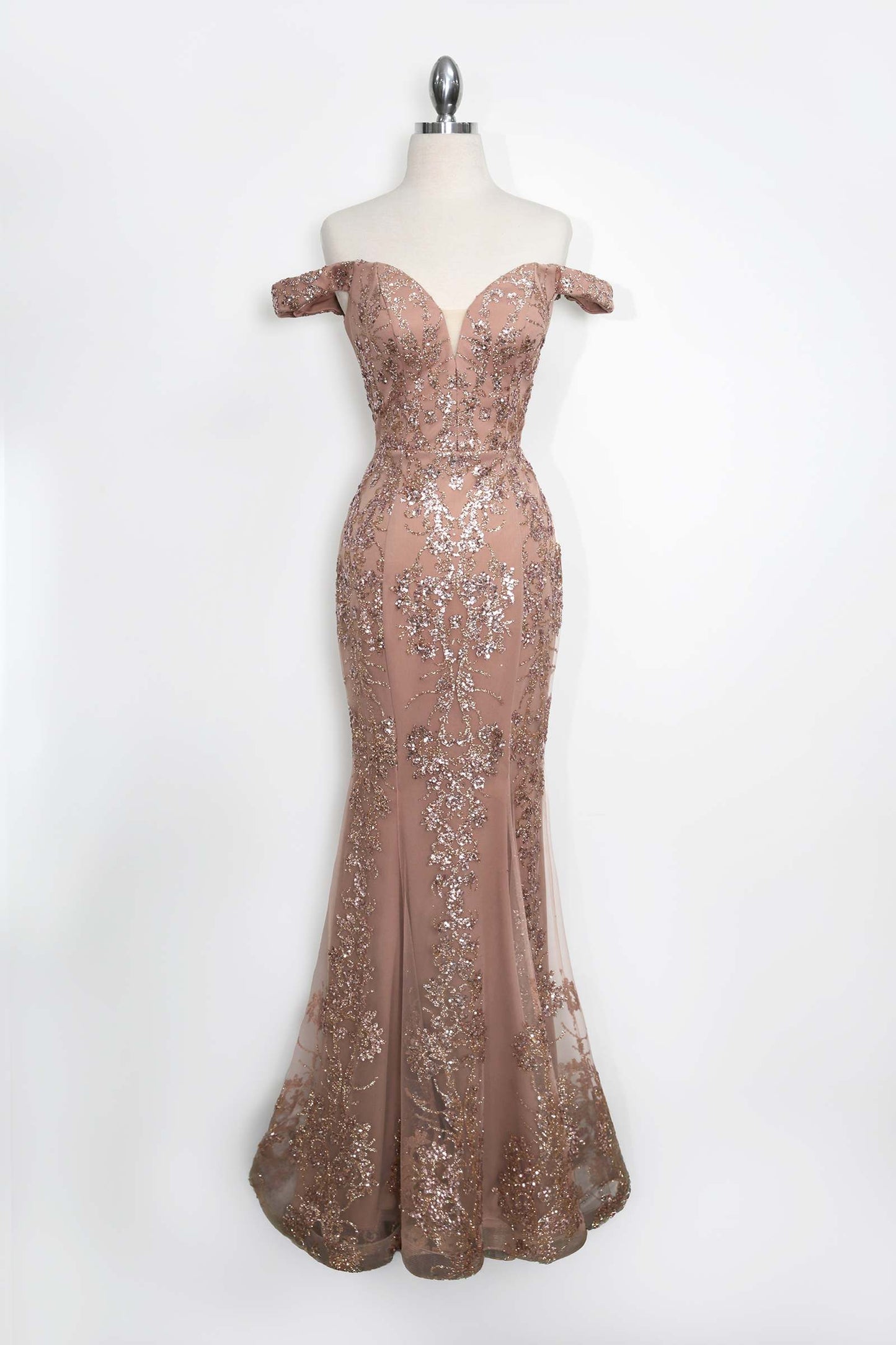 Amoris T613 Fitted Off the Shoulder Sequin Lace Sweep Train Gown