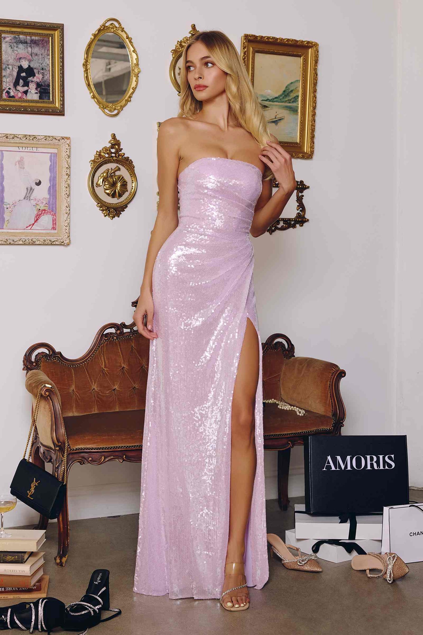 Amoris T724 Sleek Strapless Sequin Fitted Gown