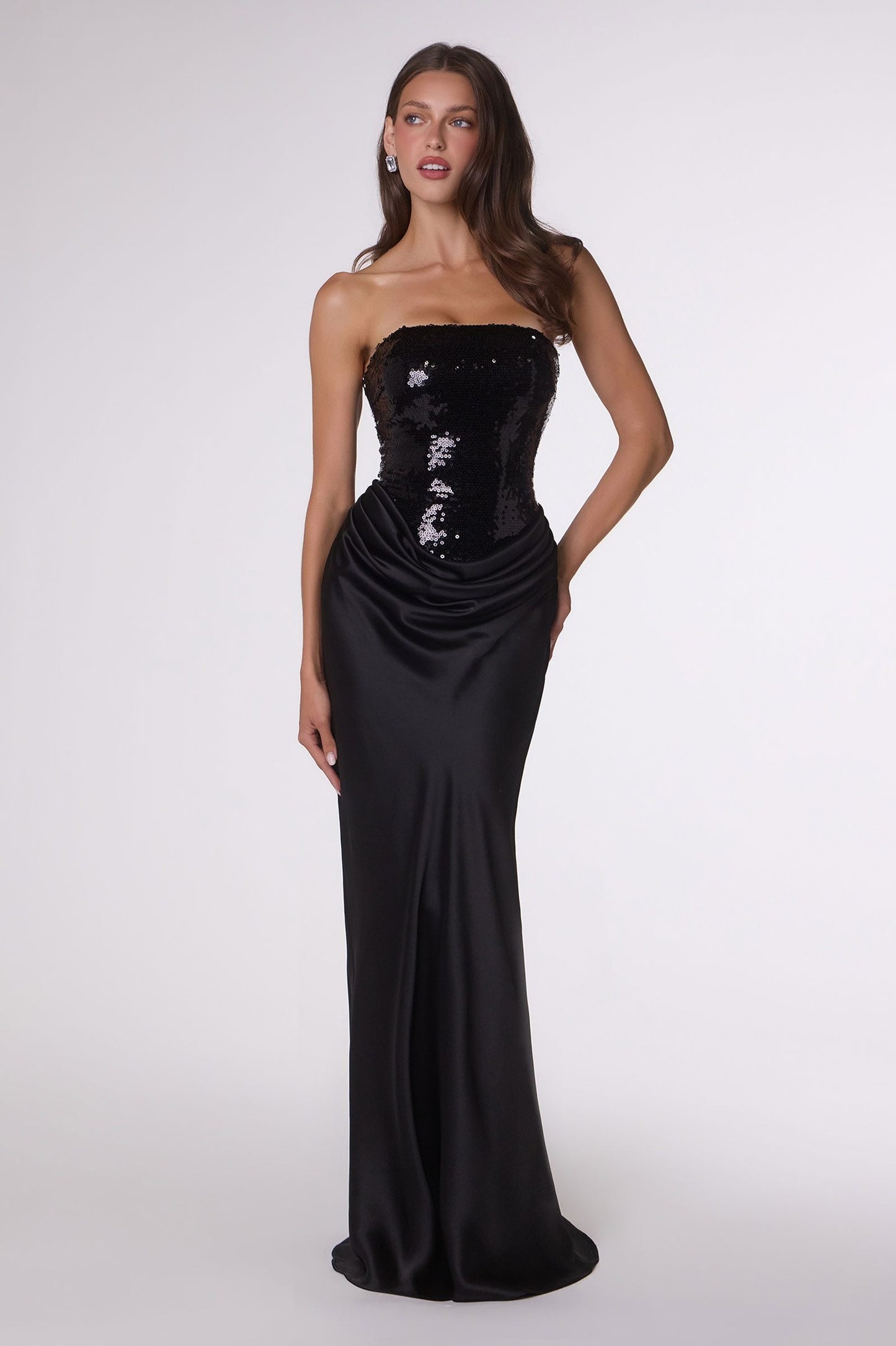 Amoris T744 Strapless Sequin Bodice Satin Skirt Formal Dress