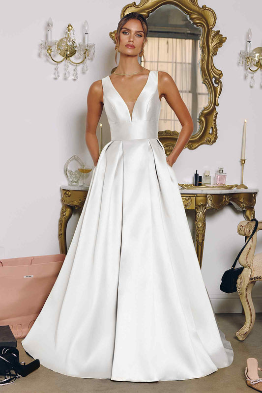 Amoris T814W V-Neckline Satin A-Line Mikado Bridal Gown