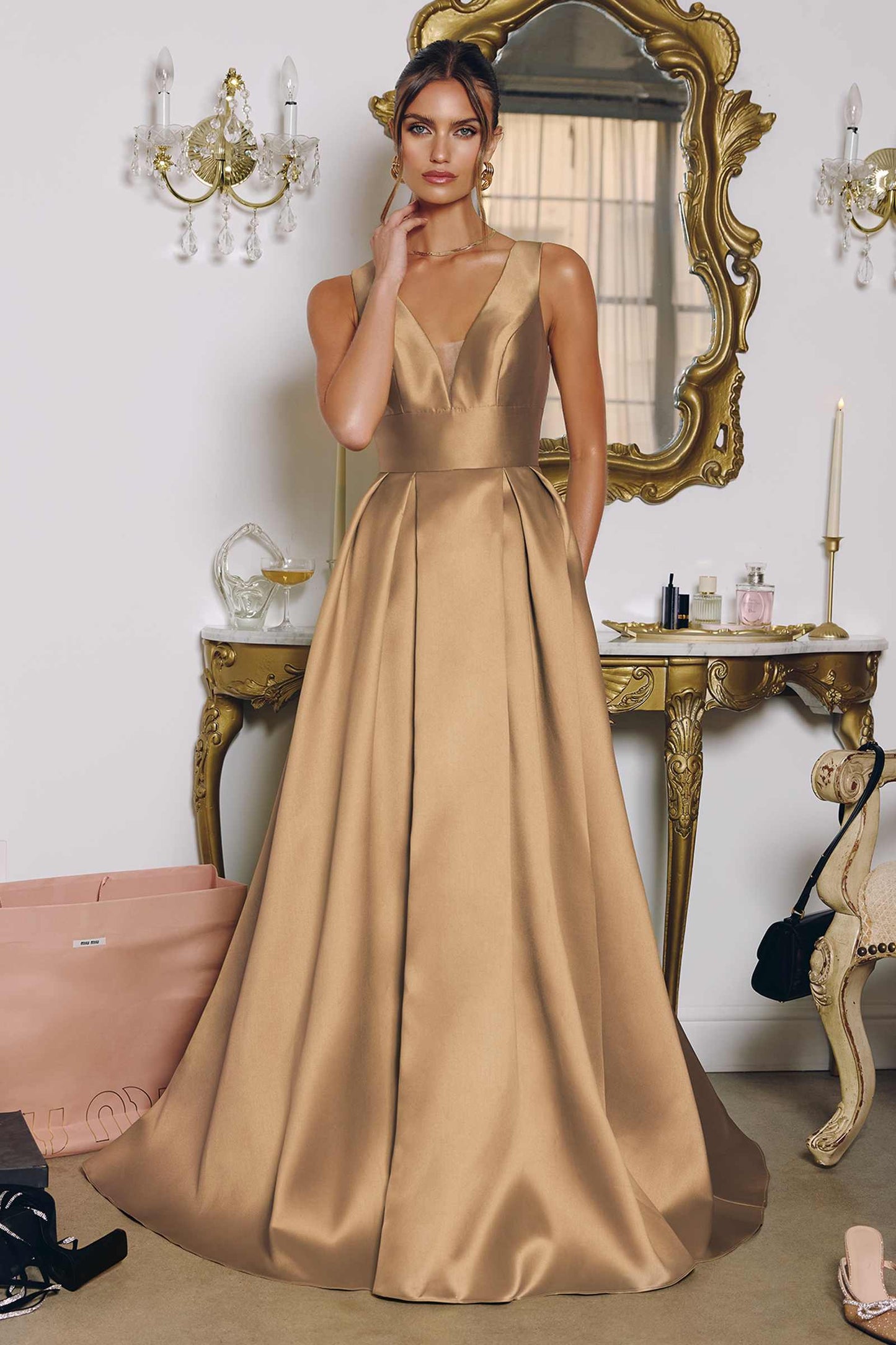 Amoris T814 Long V-Neckline A-Line Satin Dress with Pockets