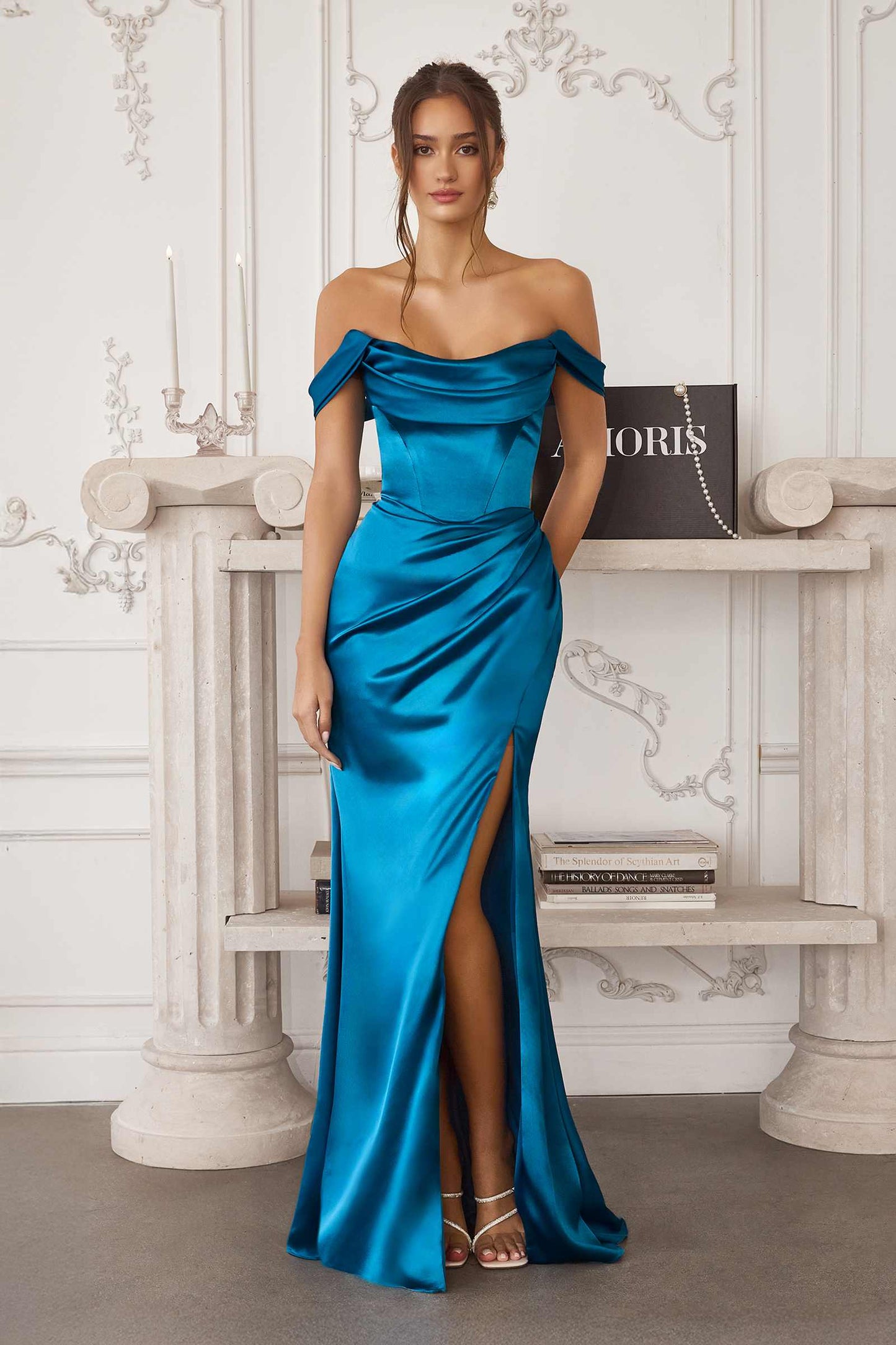 Amoris T820 Removable Strap Stretch Satin Floor Length Fitted Gown