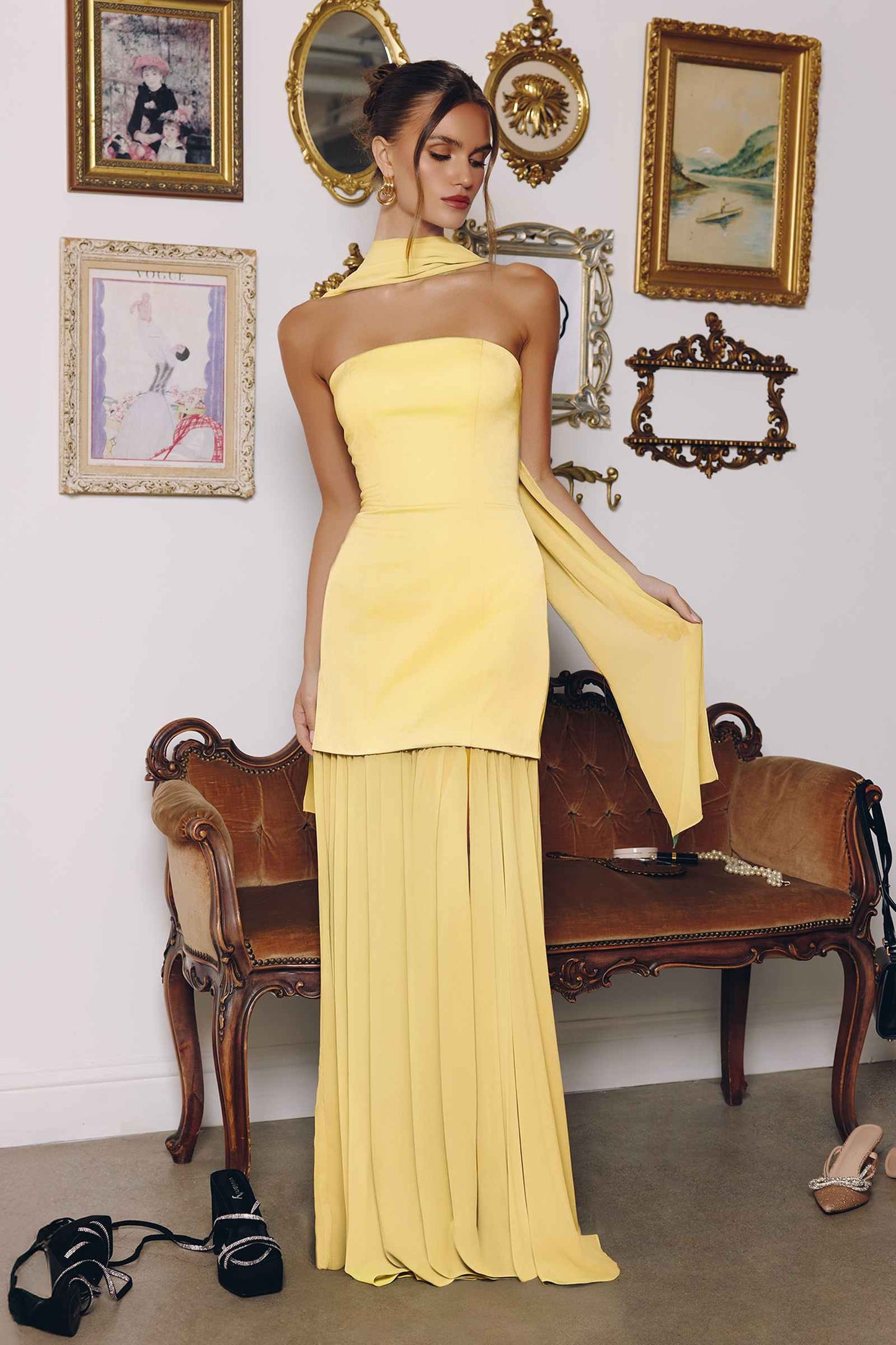 Amoris T825 Strapless Satin Bodice Pleated Chiffon Skirt Fitted Dress