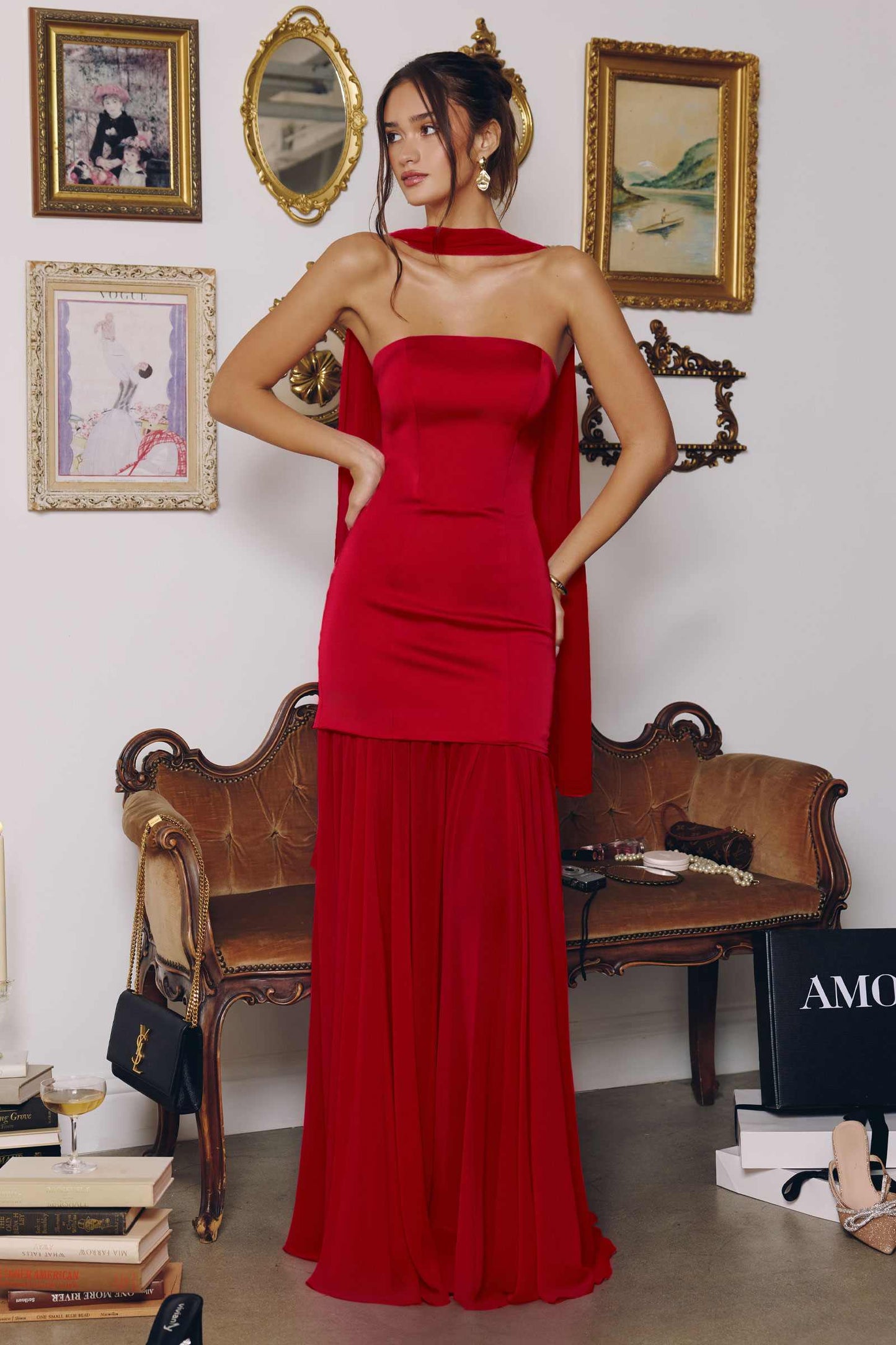 Amoris T825 Strapless Satin Bodice Pleated Chiffon Skirt Fitted Dress