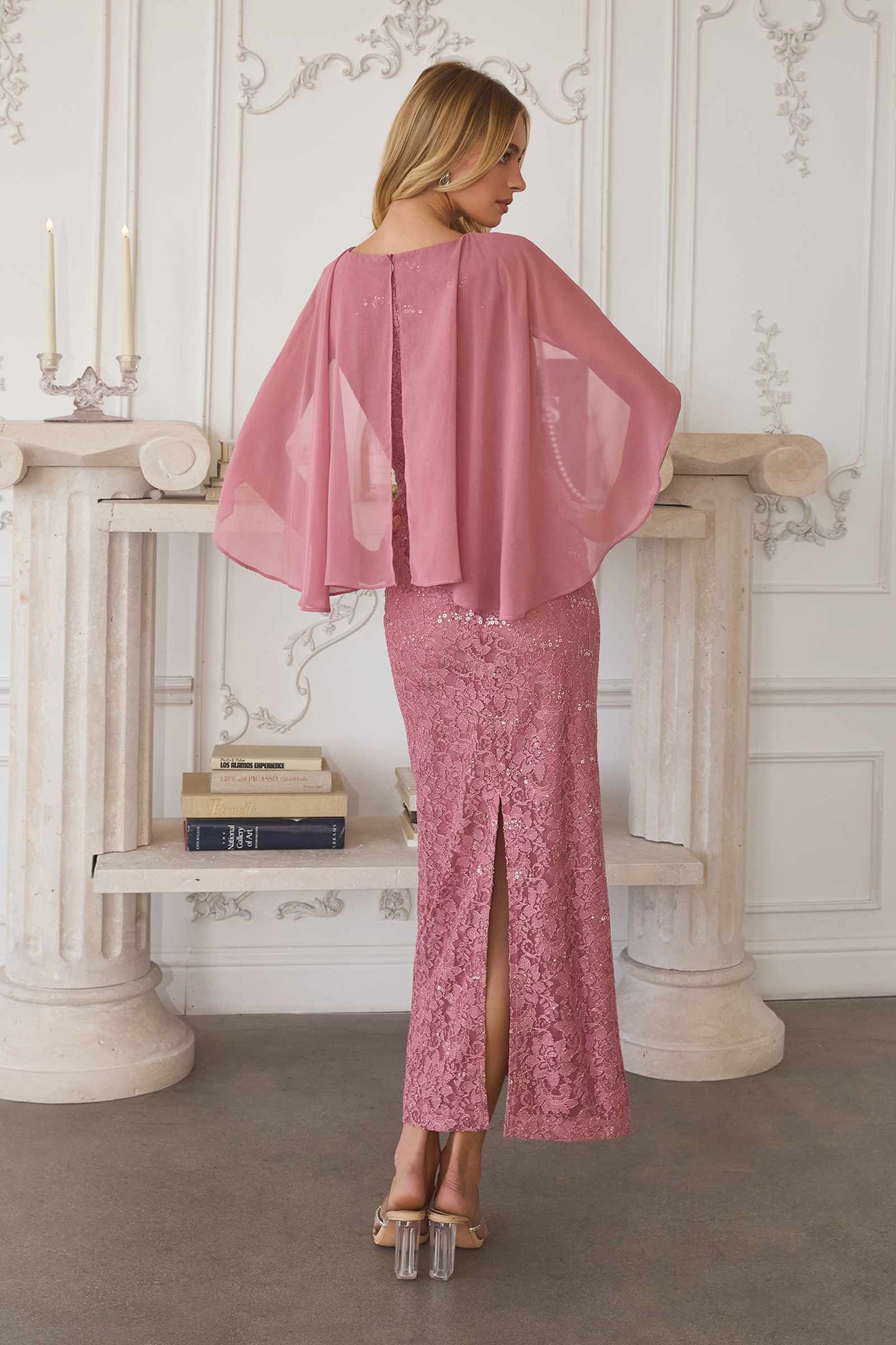 Amoris T906 Sequin Lace Gown Detachable Sheer Cape Overlay