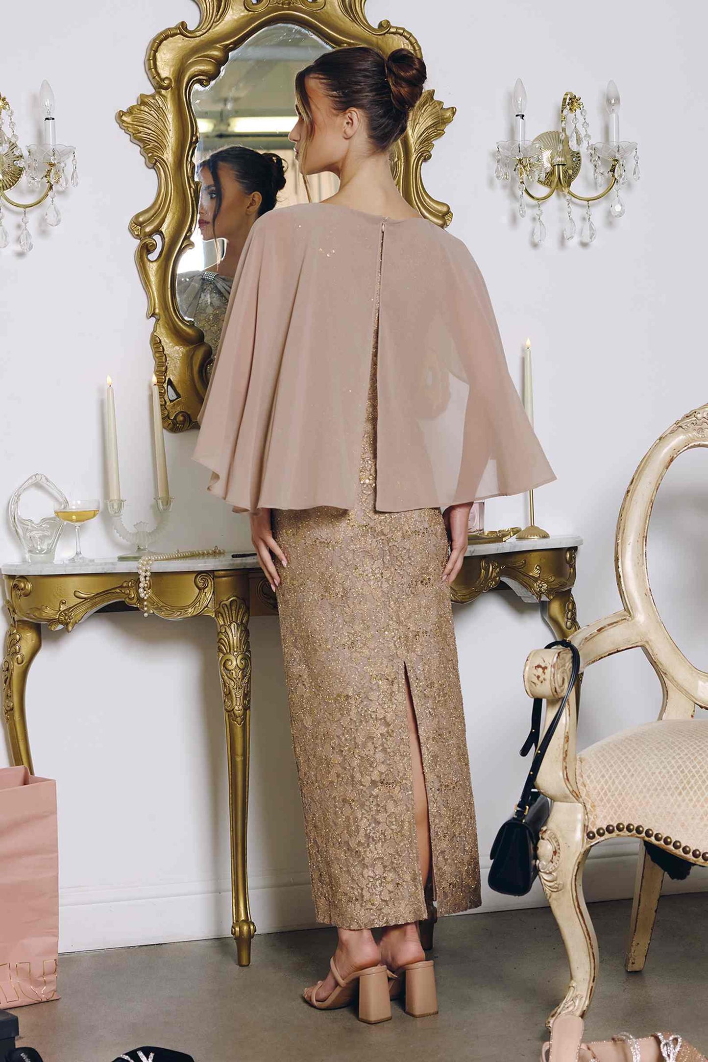 Amoris T906 Sequin Lace Gown Detachable Sheer Cape Overlay