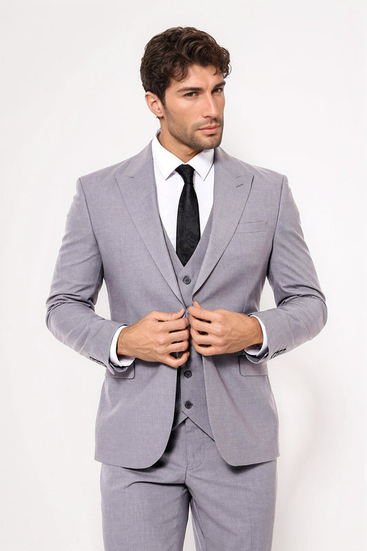 Grey Men's Plain Suit with Vest - Wessi