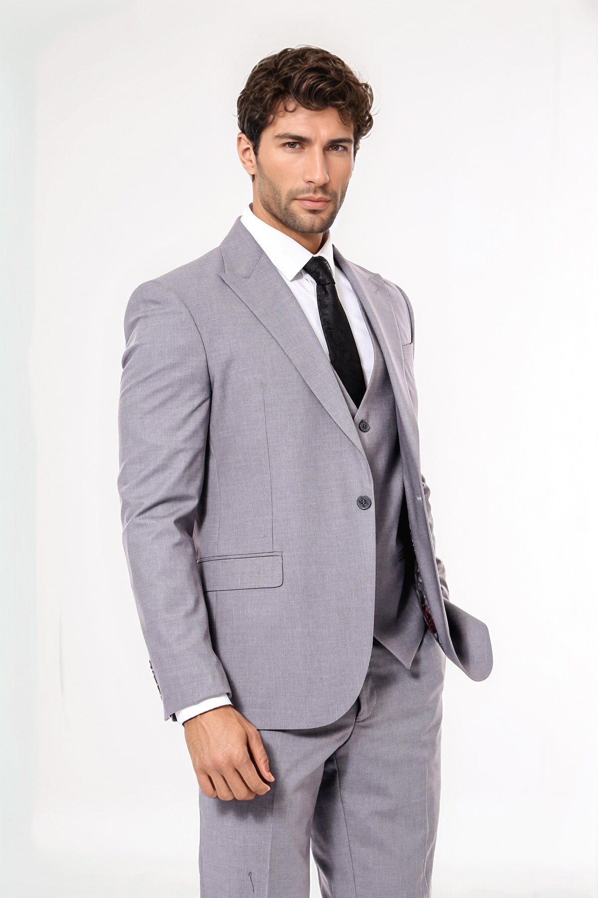 Grey Men's Plain Suit with Vest - Wessi
