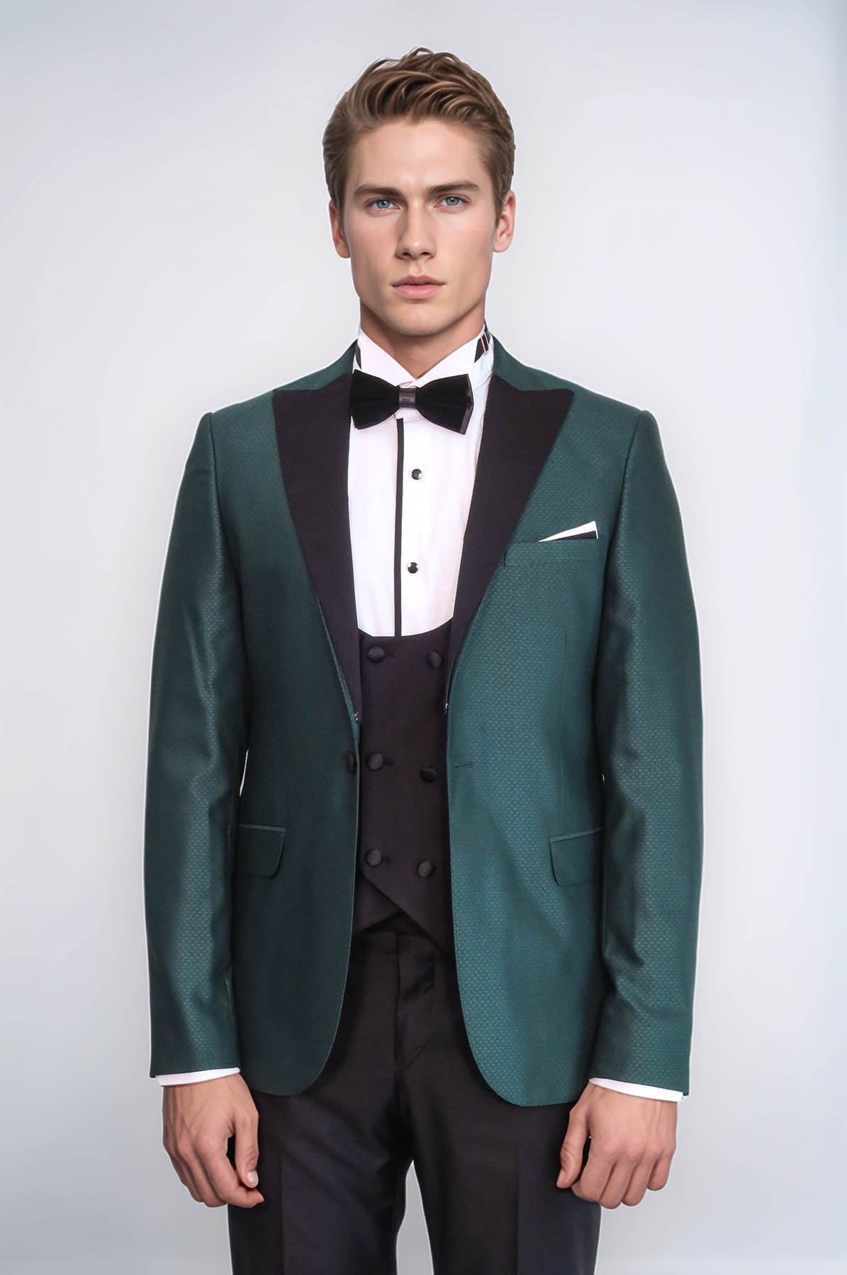 Double Breasted Patterned Green Men Tuxedo - Wessi
