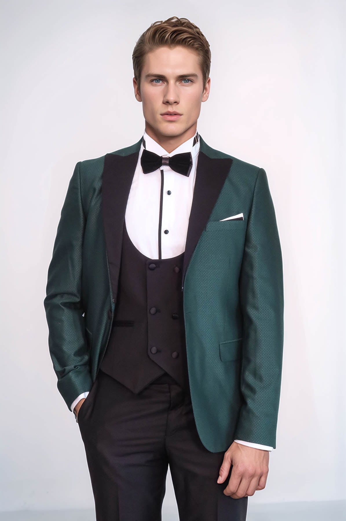Double Breasted Patterned Green Men Tuxedo - Wessi