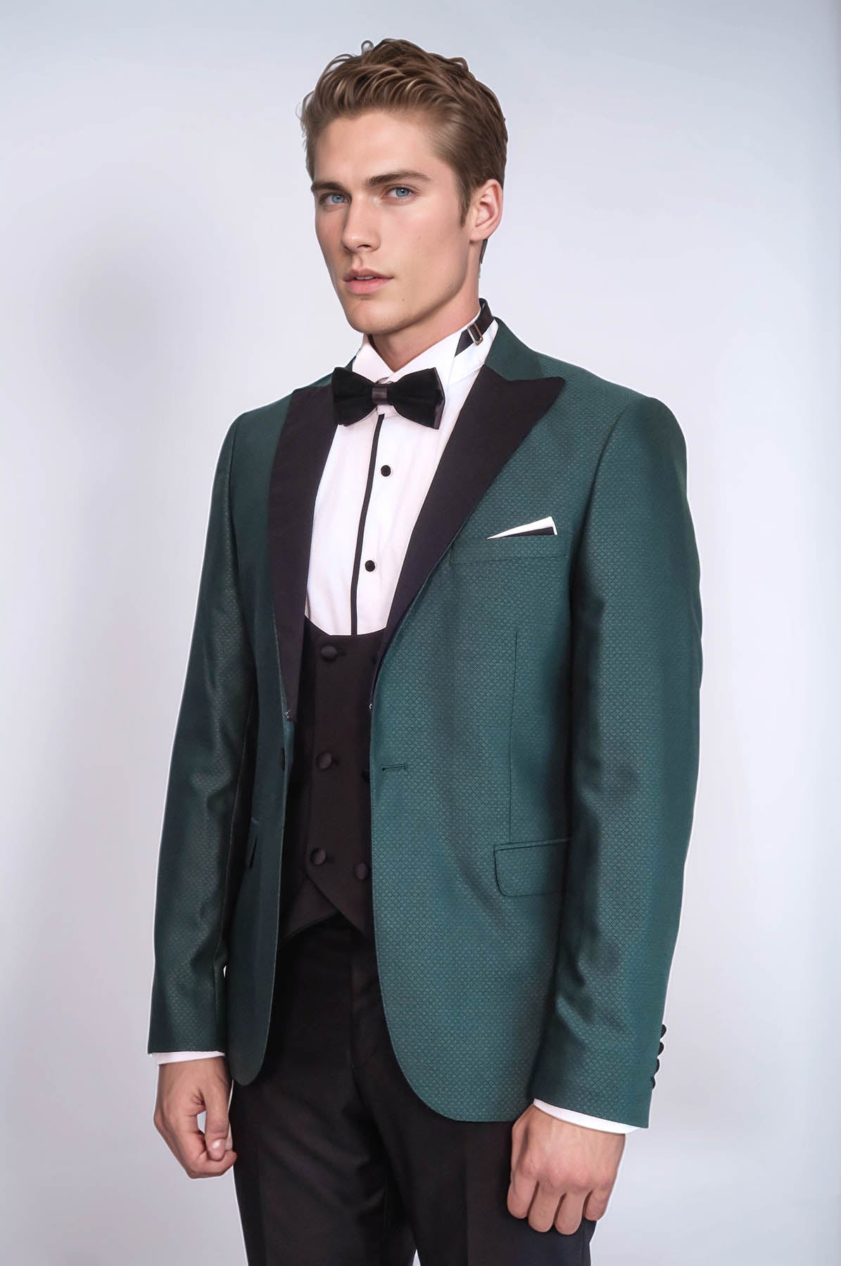 Double Breasted Patterned Green Men Tuxedo - Wessi