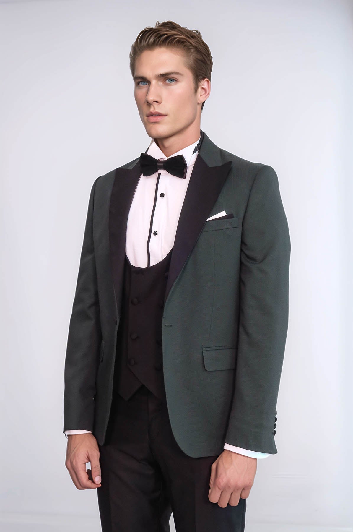 Dot Patterned Dark Green Men Tuxedo - Wessi