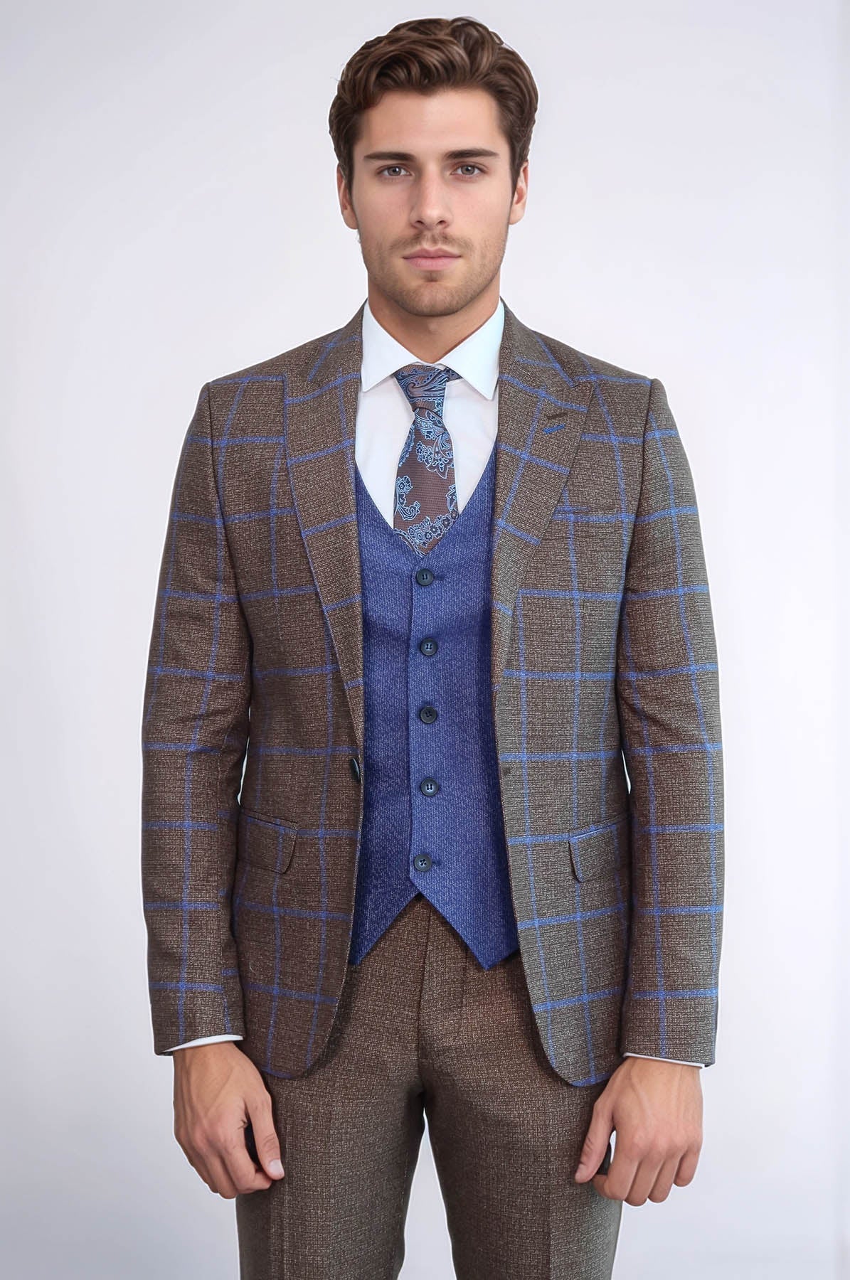 Brown Blue Checked Suit | Wessi