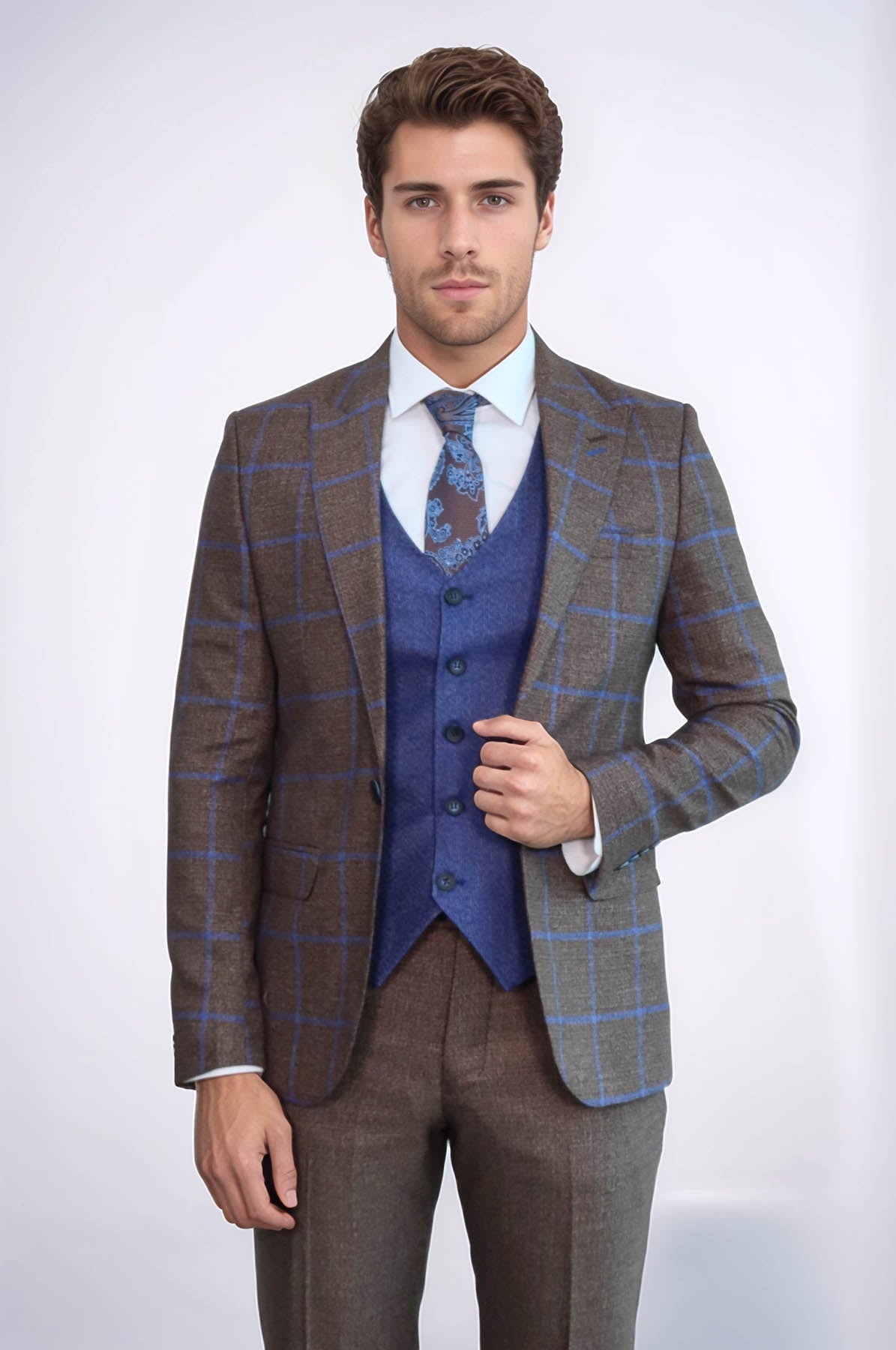 Brown Blue Checked Suit | Wessi