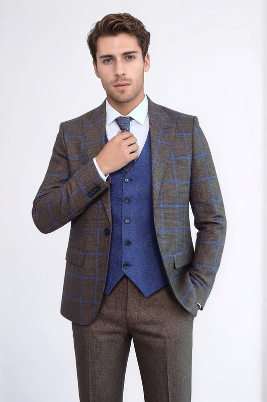 Brown Blue Checked Suit | Wessi