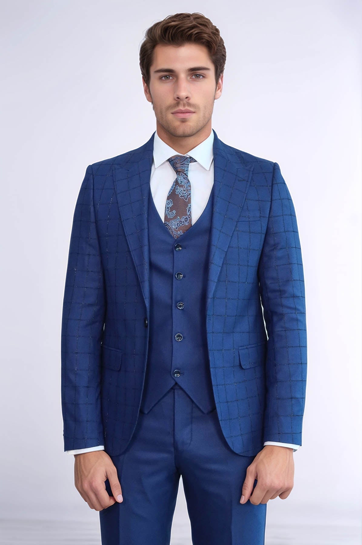 Blue Vested Suit With Plaid Blazer - Wessi