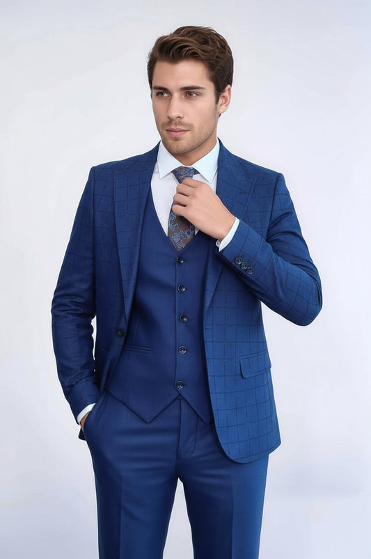 Blue Vested Suit With Plaid Blazer - Wessi