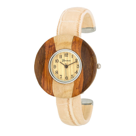 Avera Brenna Wood Inspi Leather Cuff Watch