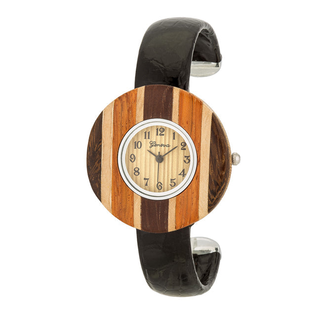 Avera Brenna Wood Inspi Leather Cuff Watch