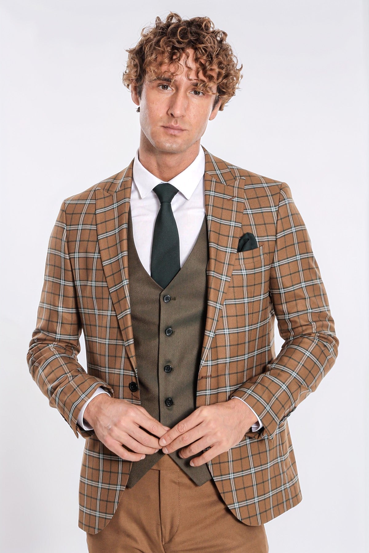 Brown Vested Slim Fit Checked Tan Men Suit - Wessi
