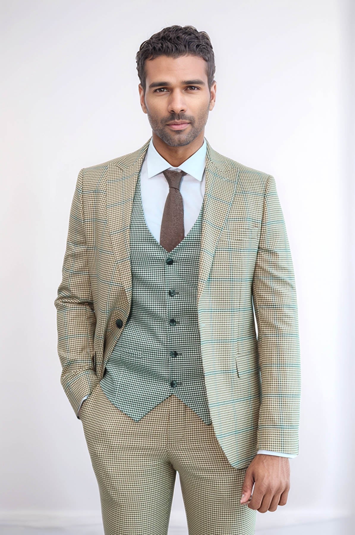 Checked Patterned Slim Fit Beige Men Suit - Wessi
