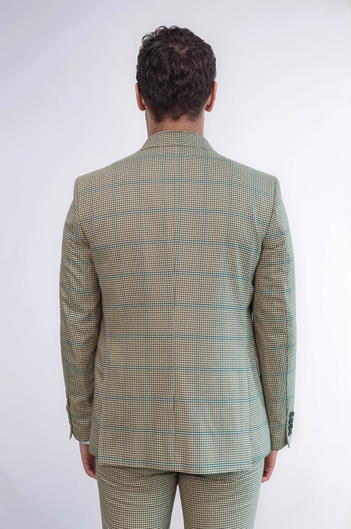 Checked Patterned Slim Fit Beige Men Suit - Wessi