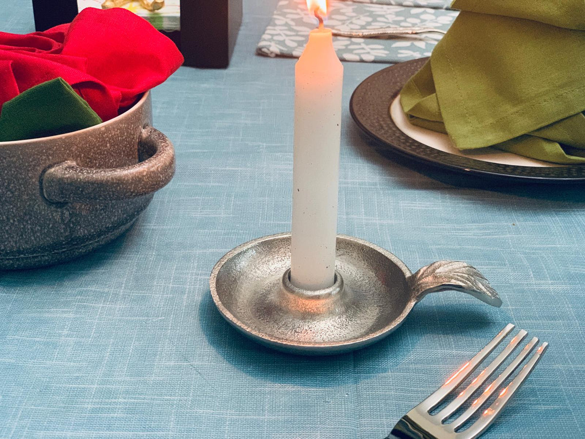 Vibhsa Taper Candlestick Holder Dish | Silver Finish, Leaf Handle, Handcrafted Aluminum