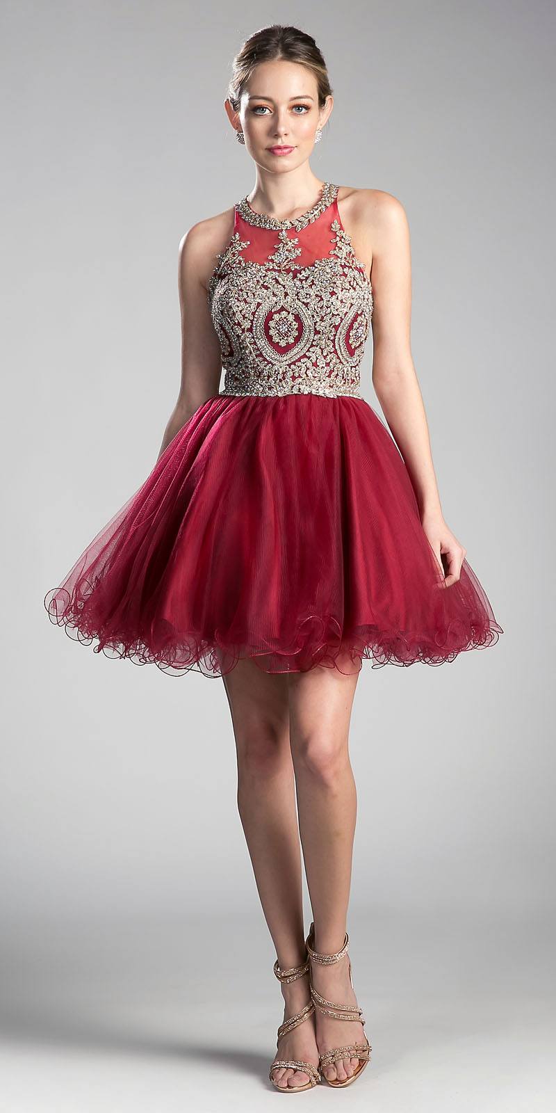 Ladivine UJ0119 Short Appliqued Bodice Halter Tulle Skirt Dress