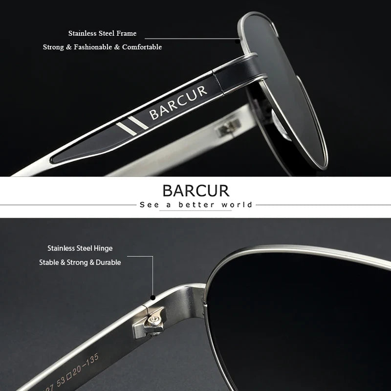 BARCUR Lunettes de soleil polarisées pour hommes Protection UV400 Monture en acier inoxydable Forme spéciale Accessoire pour lunettes pour hommes
