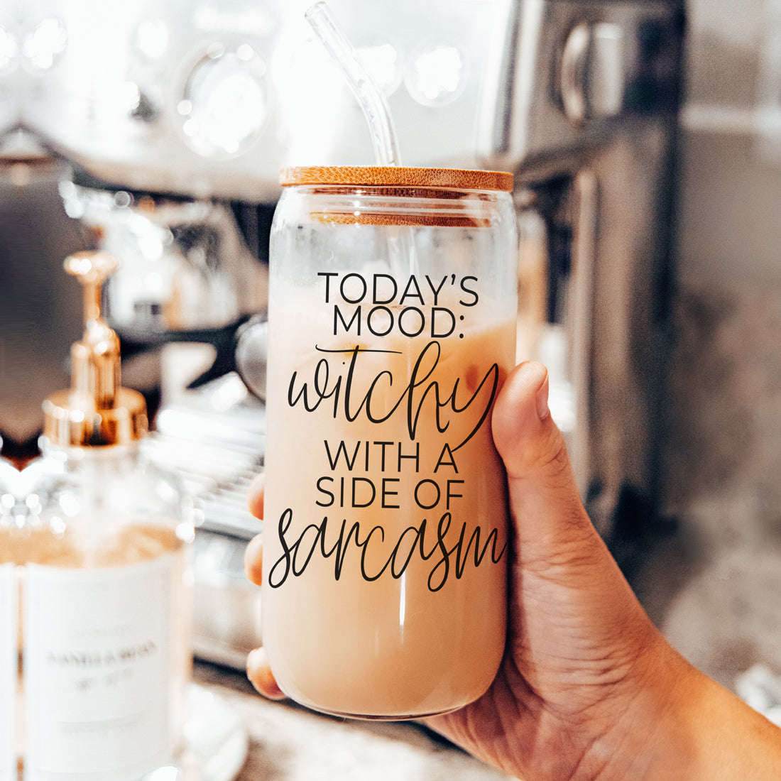Gobelet en verre de 20 oz Citation de café Hocus Pocus avec couvercle en bambou, pailles et nettoyeur