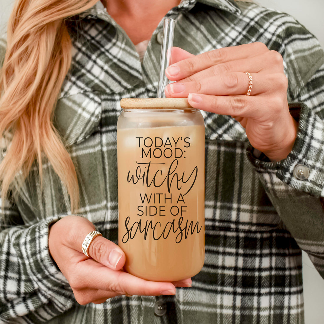 Gobelet en verre de 20 oz Citation de café Hocus Pocus avec couvercle en bambou, pailles et nettoyeur