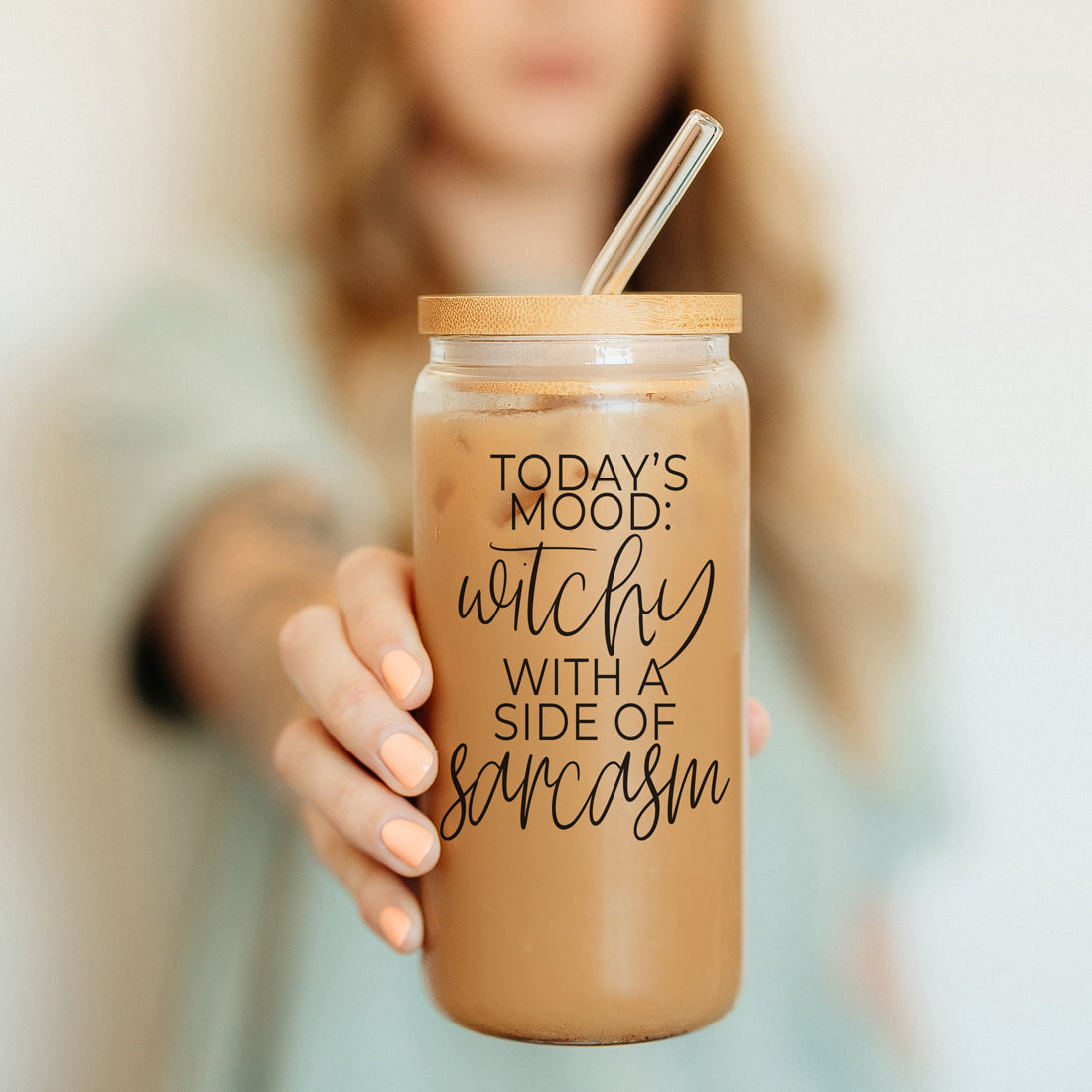 Gobelet en verre de 20 oz Citation de café Hocus Pocus avec couvercle en bambou, pailles et nettoyeur