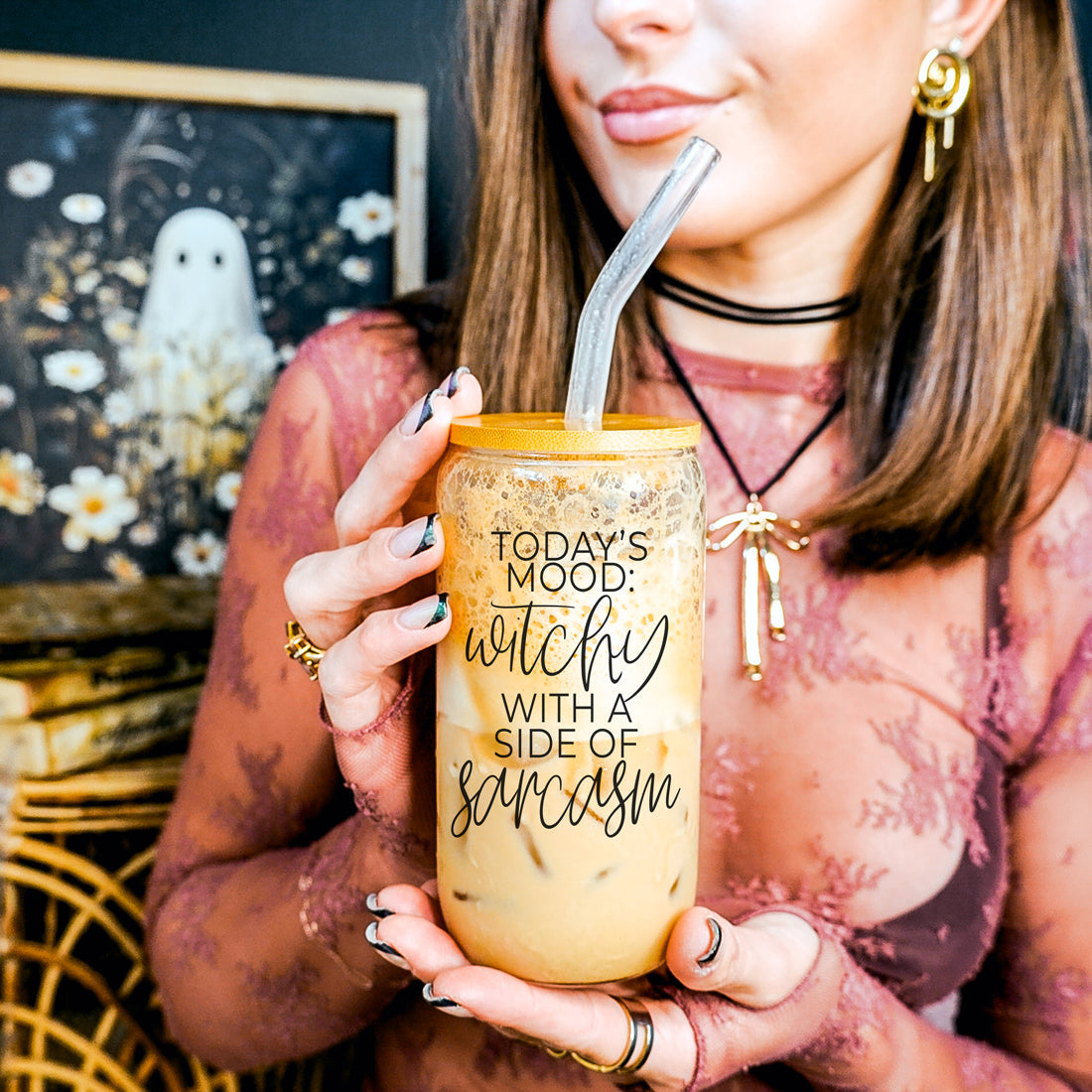 Gobelet en verre de 20 oz Citation de café Hocus Pocus avec couvercle en bambou, pailles et nettoyeur